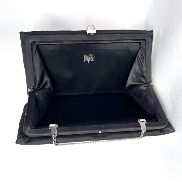 After Five Vintage Black Satin Silver Chain Purse Crystal Clasp - Picture 5 of 8